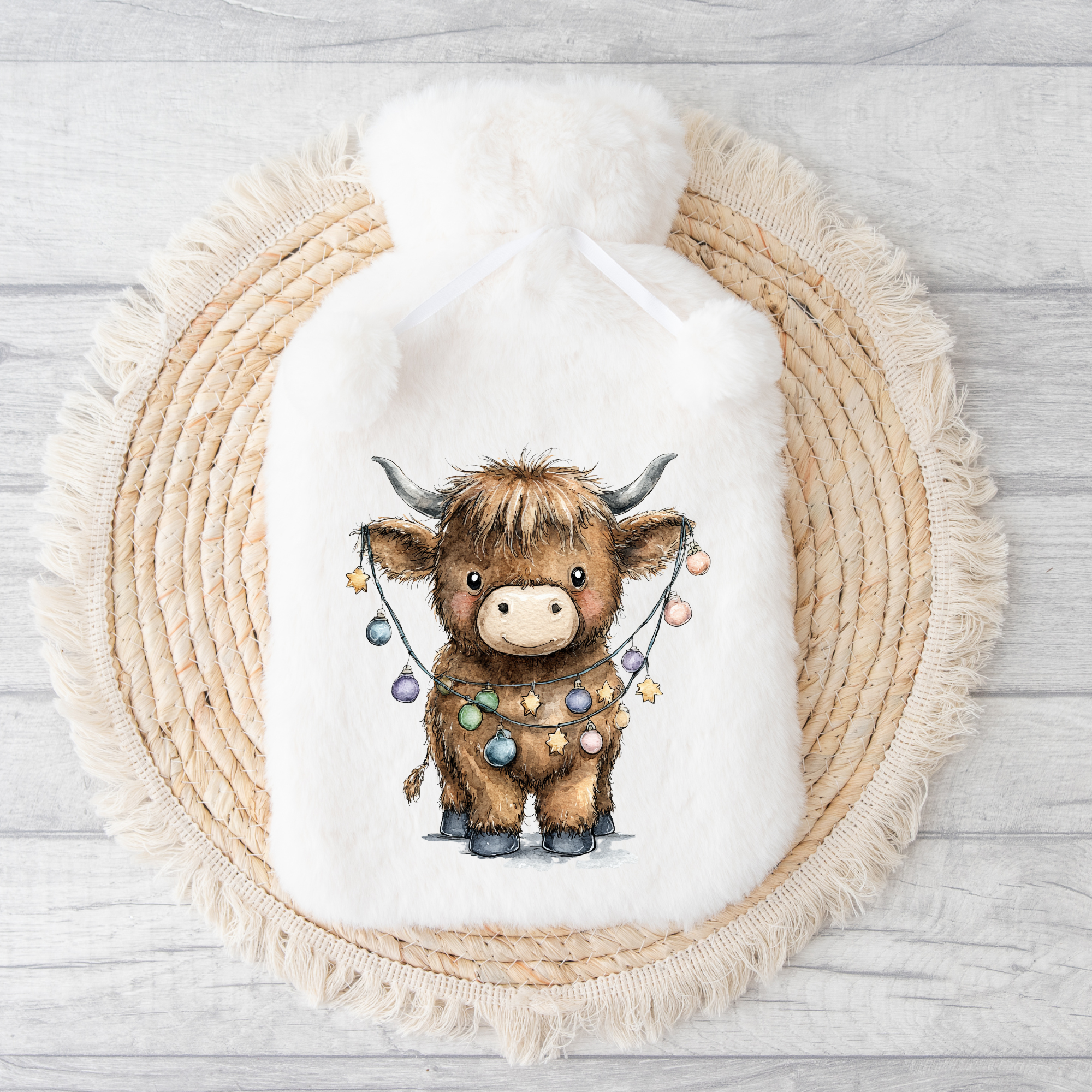 Highland Cow Christmas Lights Hot Water Bottle