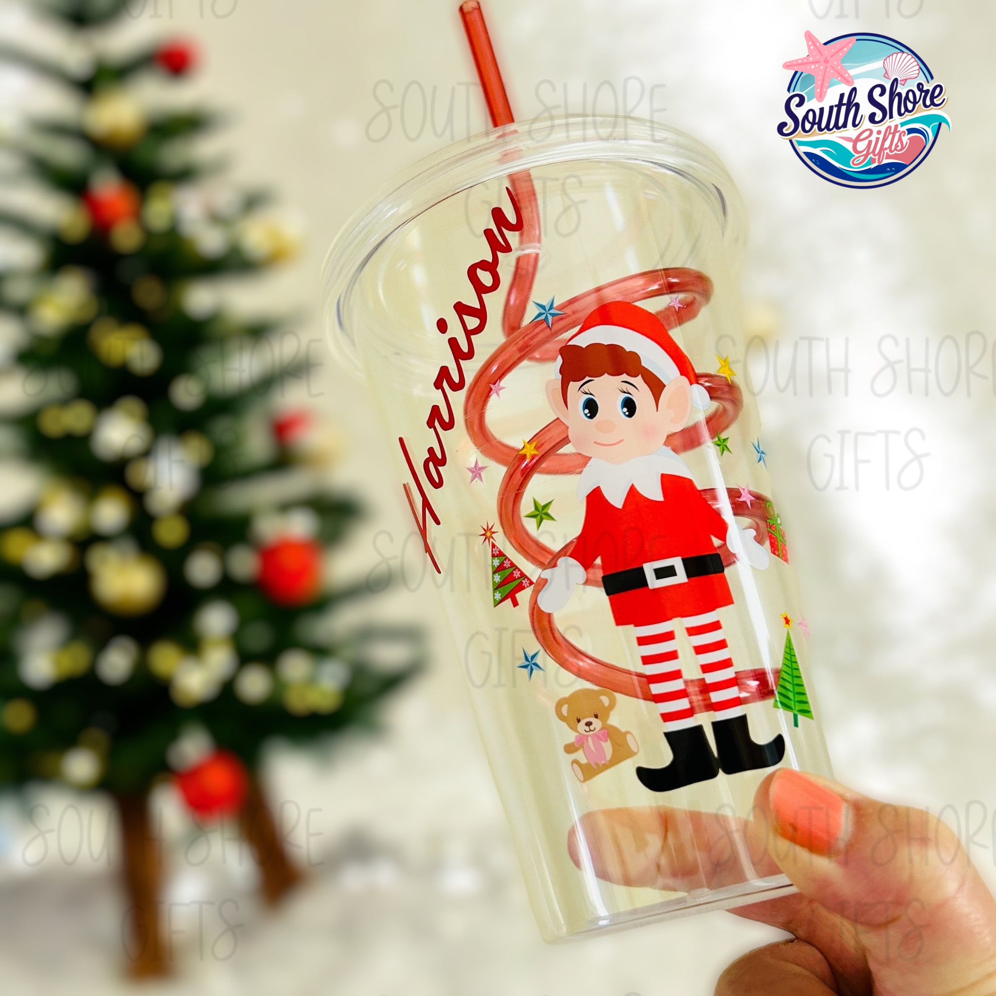 Personalised Elf Cold Cup with Swirly Straw