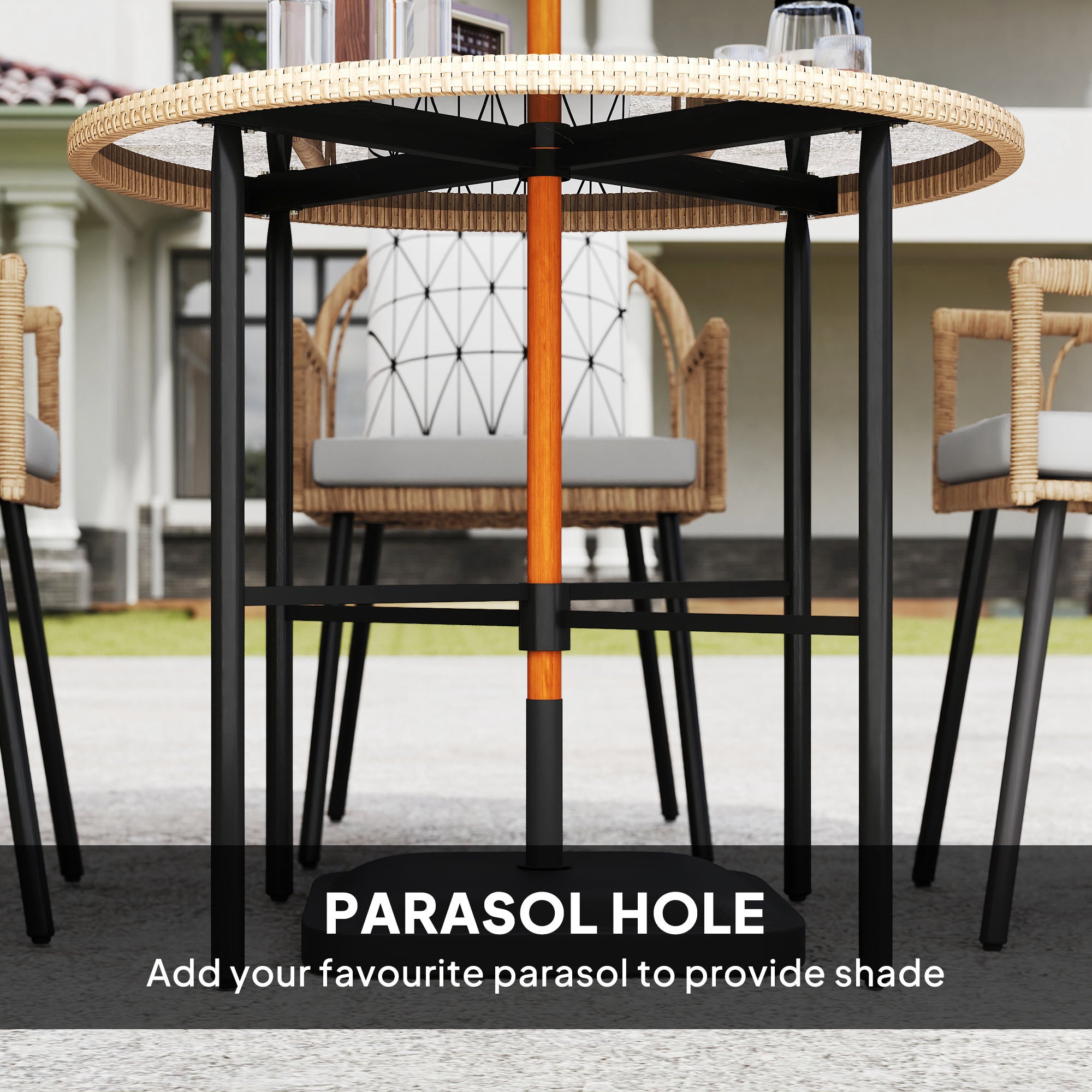 5 Piece Patio Rattan Dining Set, Wicker Garden Table and Chairs w/ Seat & Back Cushions, Round Tempered Glass Tabletop, Parasol Hole, Outdoor Furniture Conservatory Set, Light Brown