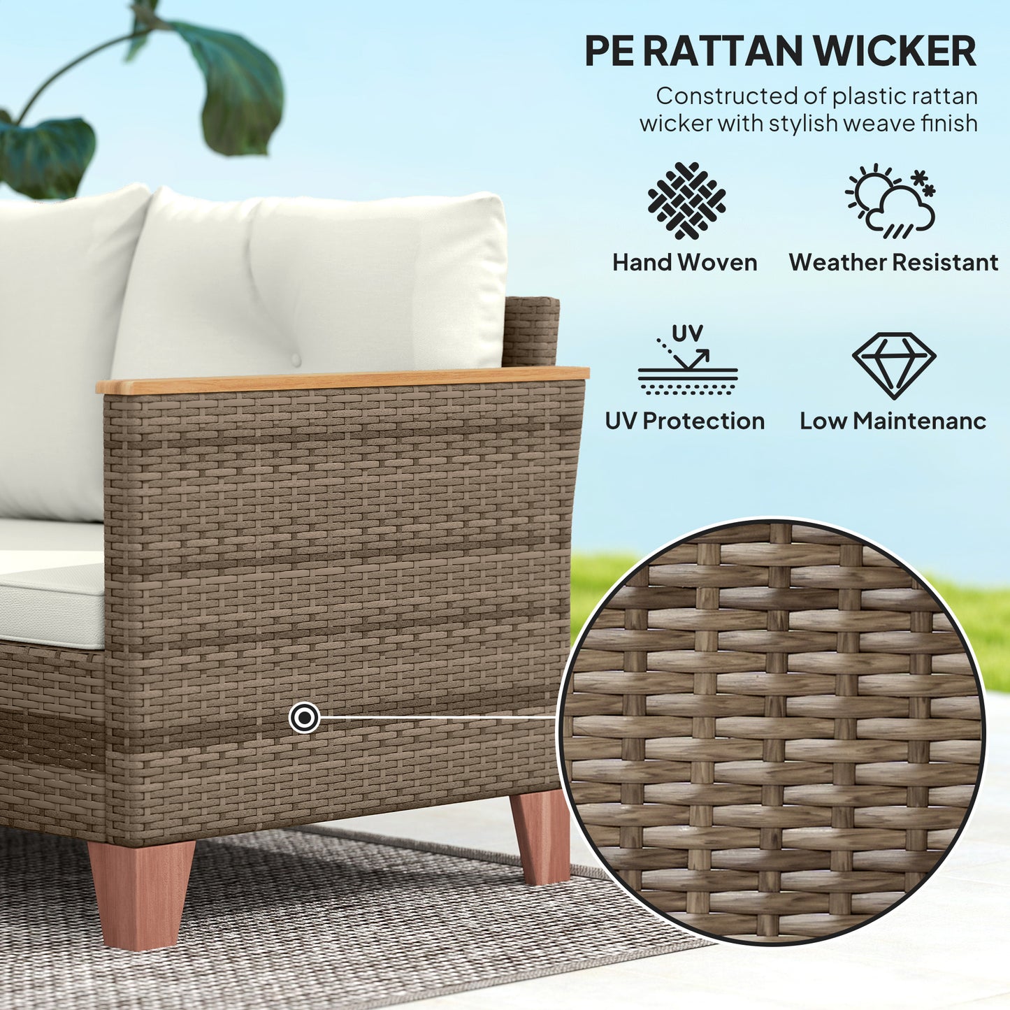 3 Pieces Rattan Garden Furniture Set, L Shaped Chaise with Wood Top Coffee Table and Thick Cushions