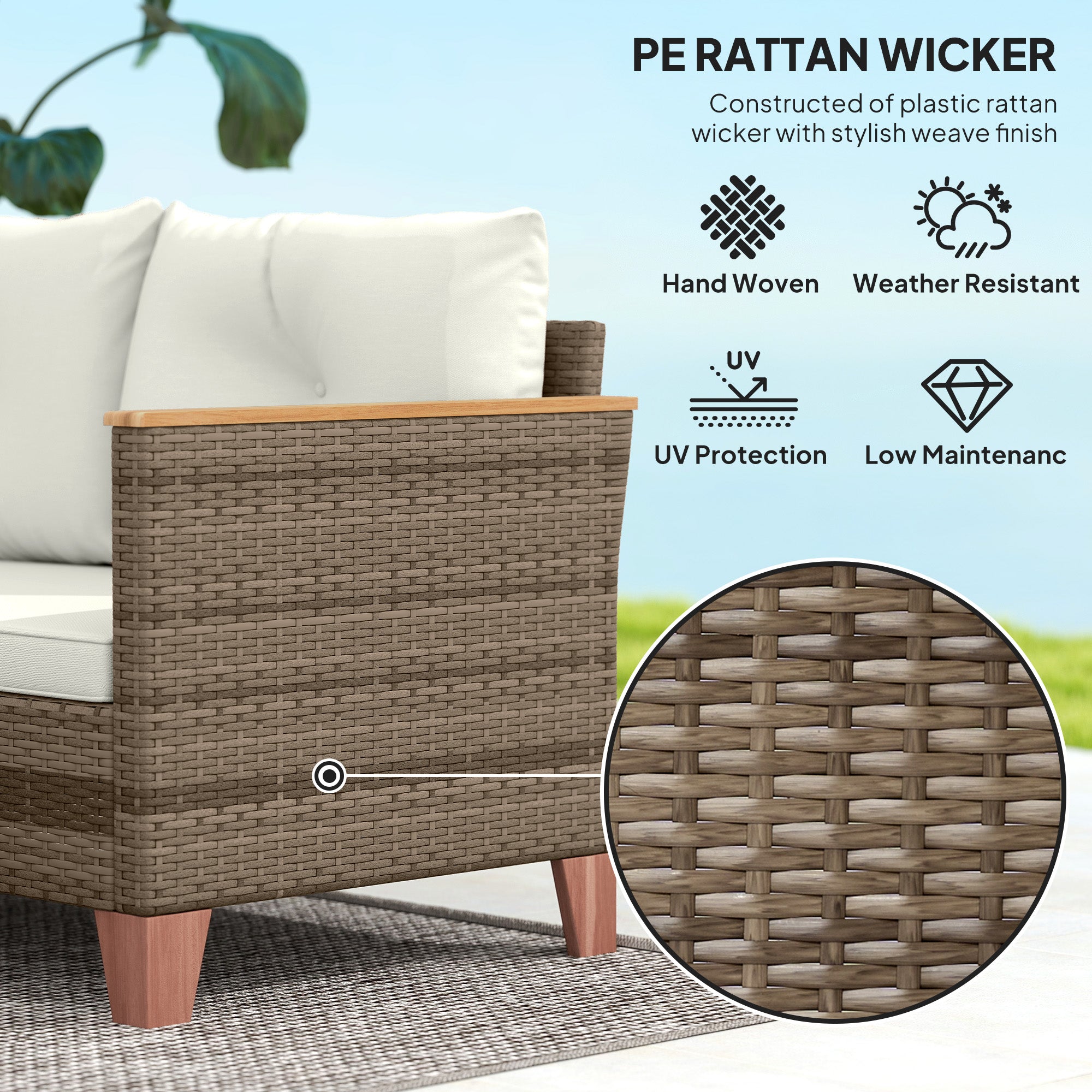 3 Pieces Rattan Garden Furniture Set, L Shaped Chaise with Wood Top Coffee Table and Thick Cushions