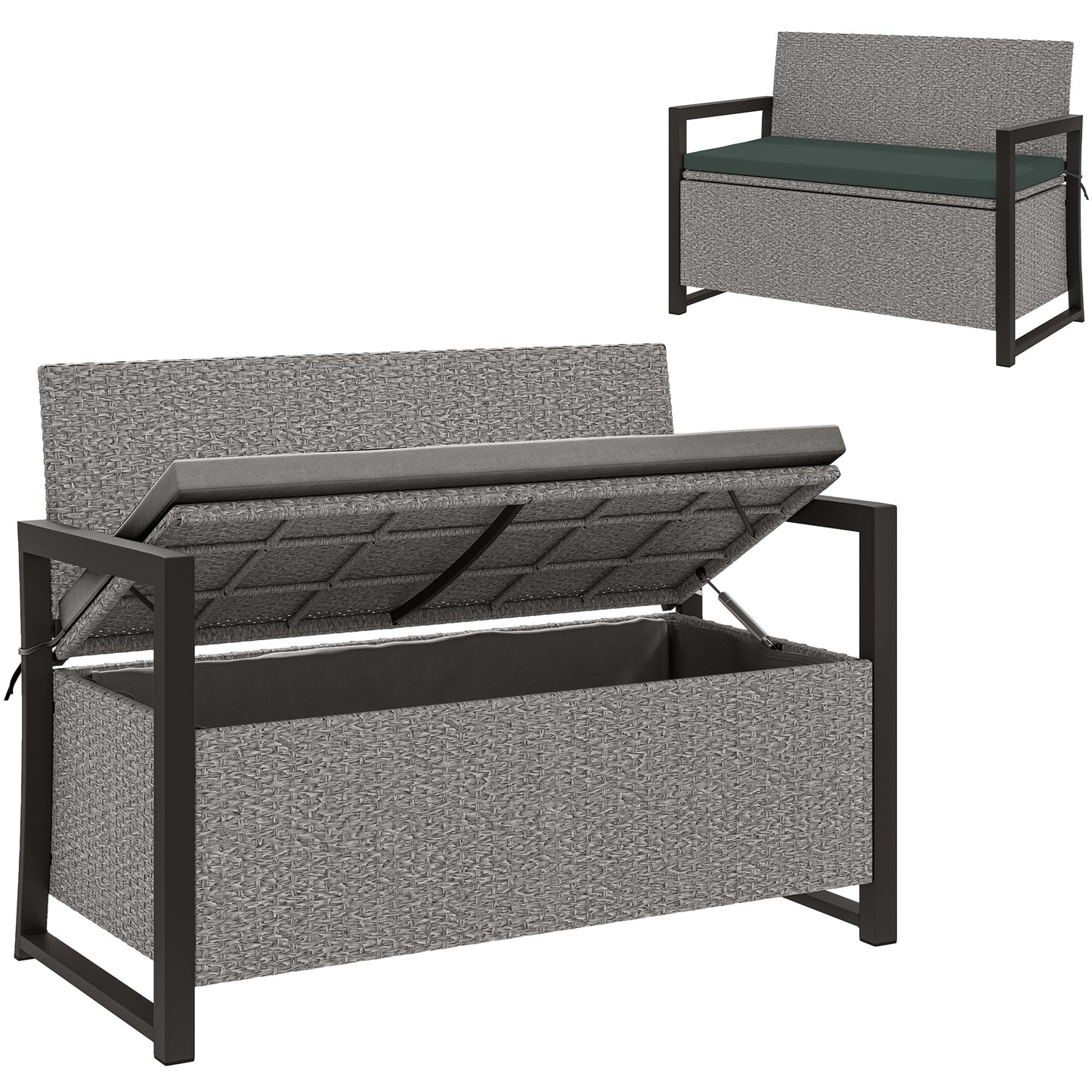 151.5L Storage Garden Bench, with Cushion - Grey