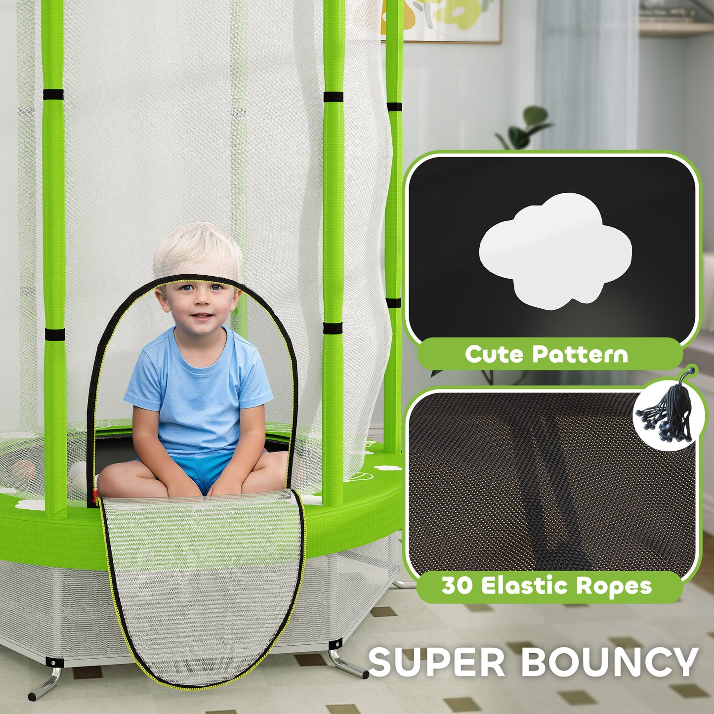 4.6FT Toddler Trampoline w/ Safety Enclosure Net, for Indoor Outdoor Use, Ages 3-6 Years, Cloud Pattern - Green