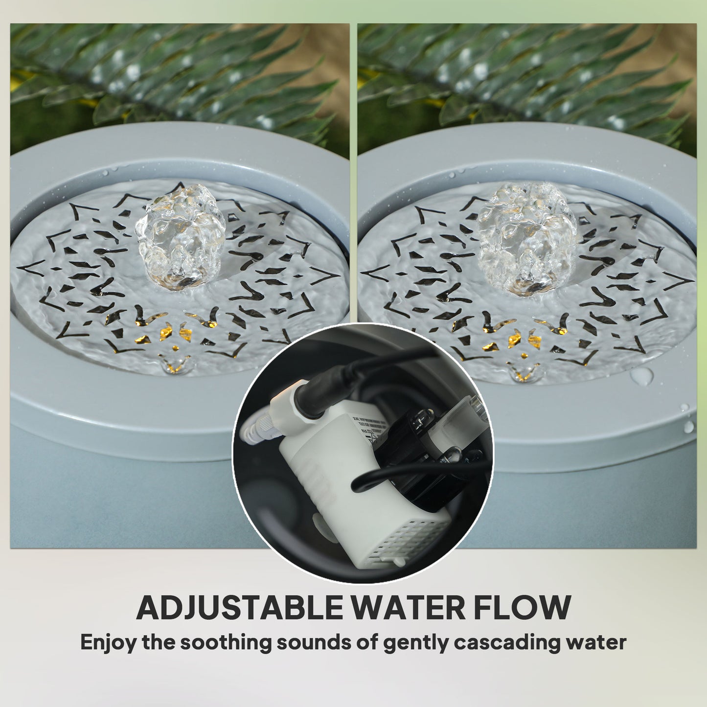30cm Tall Waterfall Fountain with LED Lights and Pump, Adjustable Flow and Cut-out Design for Indoor & Outdoor use - Light Grey