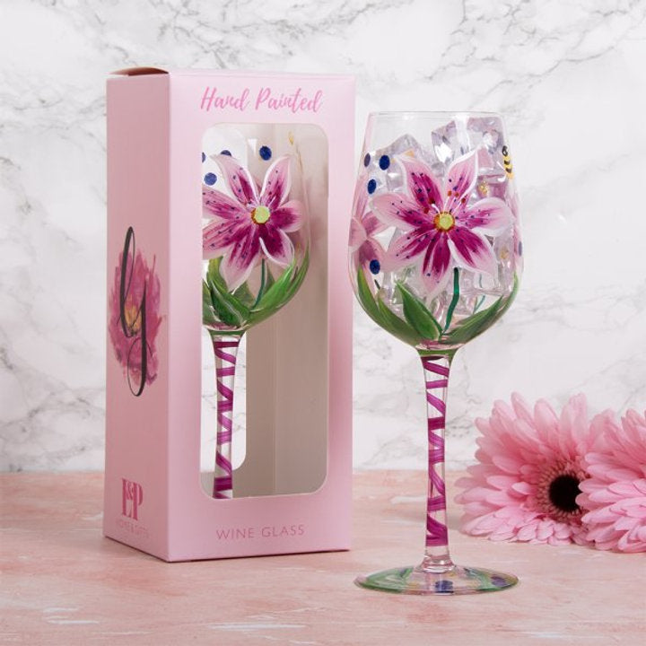 Stargazing Lillies and Bees Wine Glass - Hand Painted