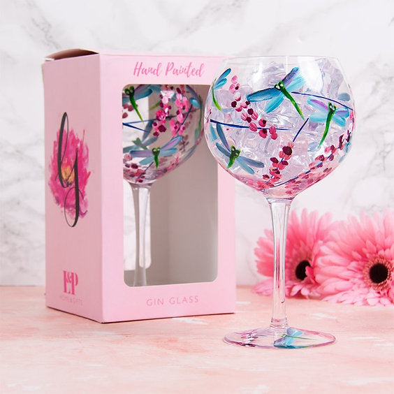 Dragonflies and Lavender Gin Glass - Hand Painted