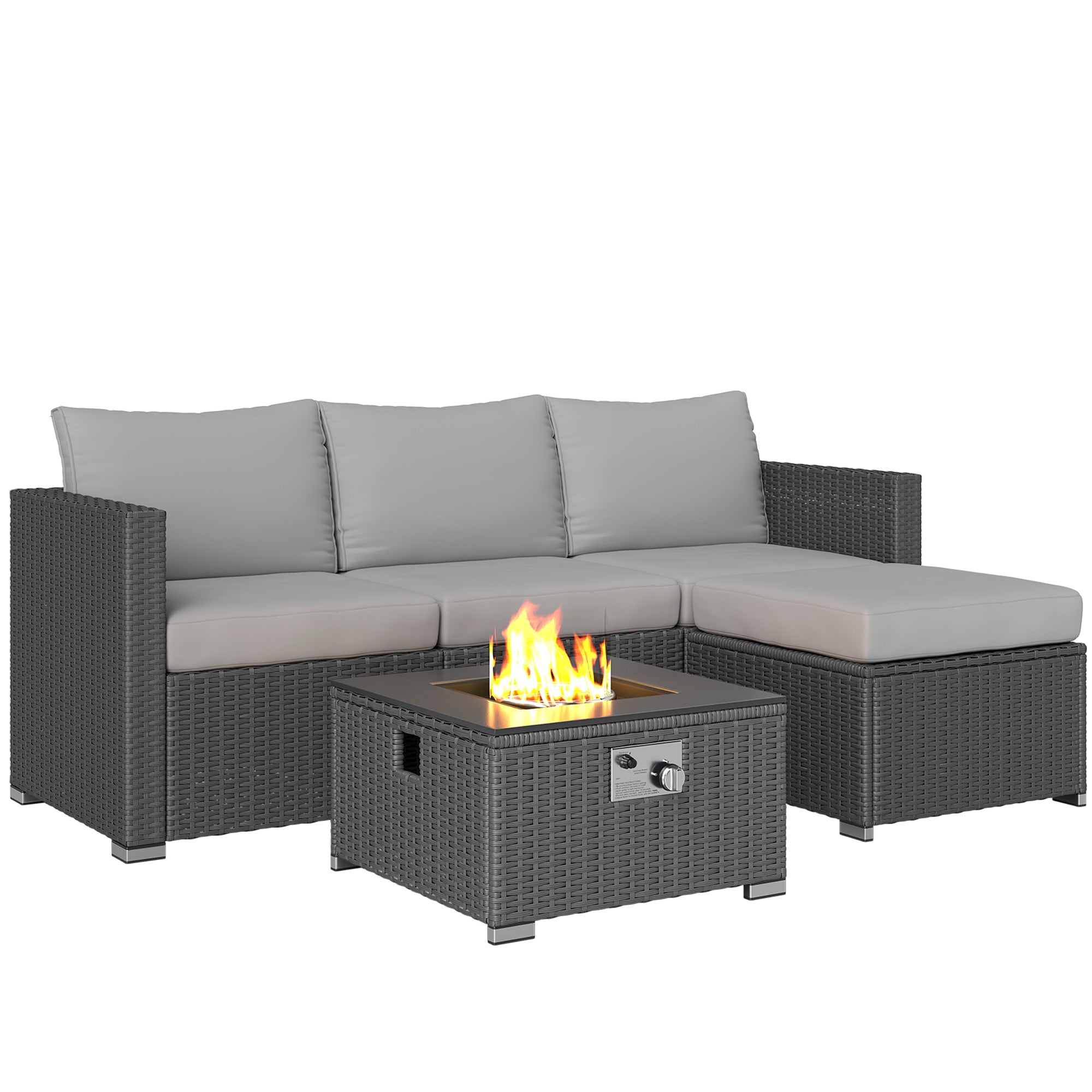 5 Piece Rattan Garden Furniture Set with Gas Fire Pit Table and Footstool - Grey
