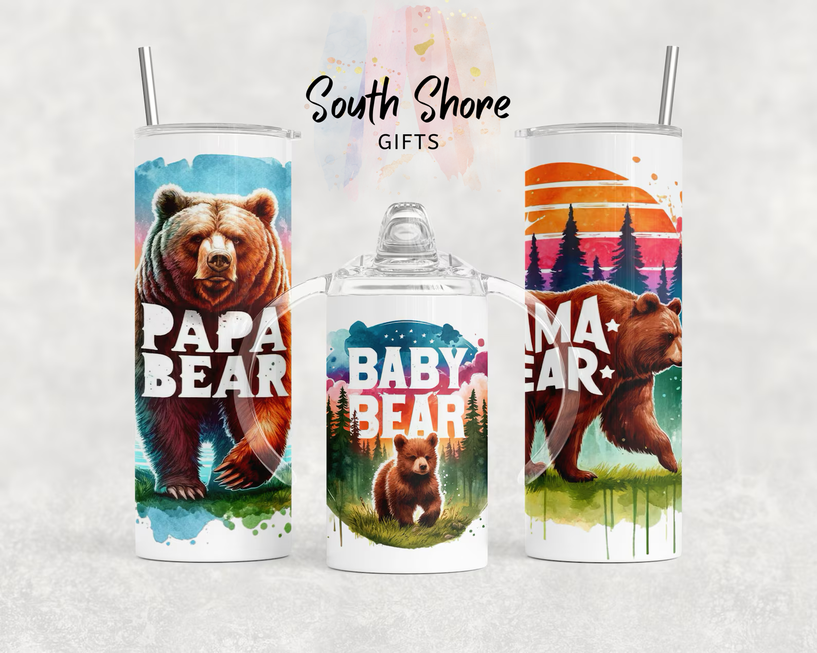 Bear Family Tumbler Set – Papa Bear, Mama Bear & Baby Bear
