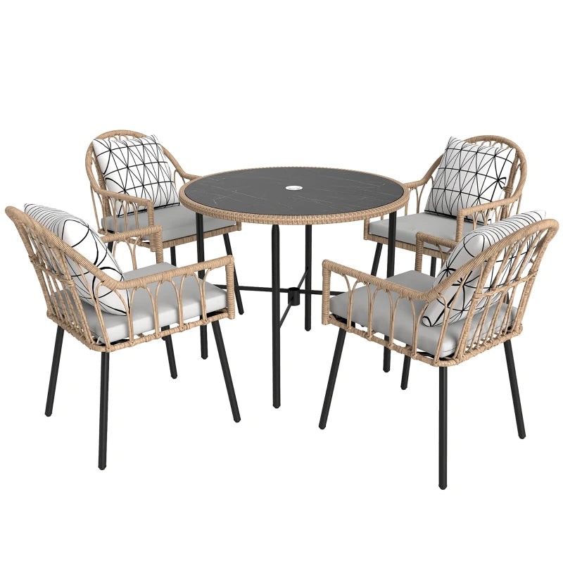 5 Piece Patio Rattan Dining Set, Wicker Garden Table and Chairs w/ Seat & Back Cushions, Round Tempered Glass Tabletop, Parasol Hole, Outdoor Furniture Conservatory Set, Light Brown