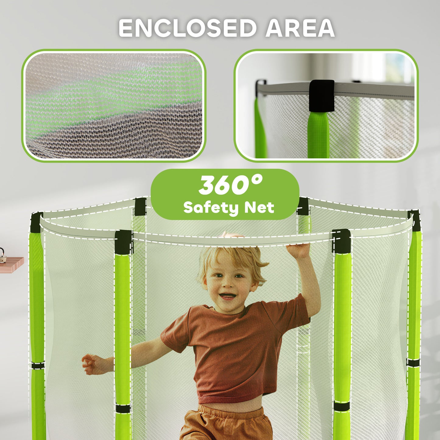 4.6FT Toddler Trampoline w/ Safety Enclosure Net, for Indoor Outdoor Use, Ages 3-6 Years, Cloud Pattern - Green