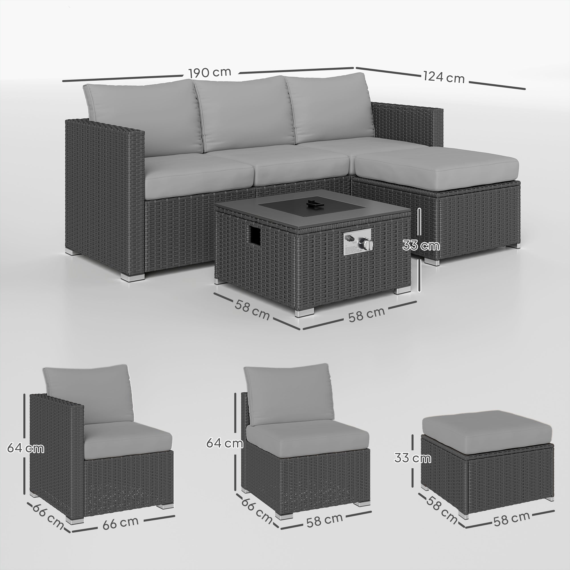 5 Piece Rattan Garden Furniture Set with Gas Fire Pit Table and Footstool - Grey