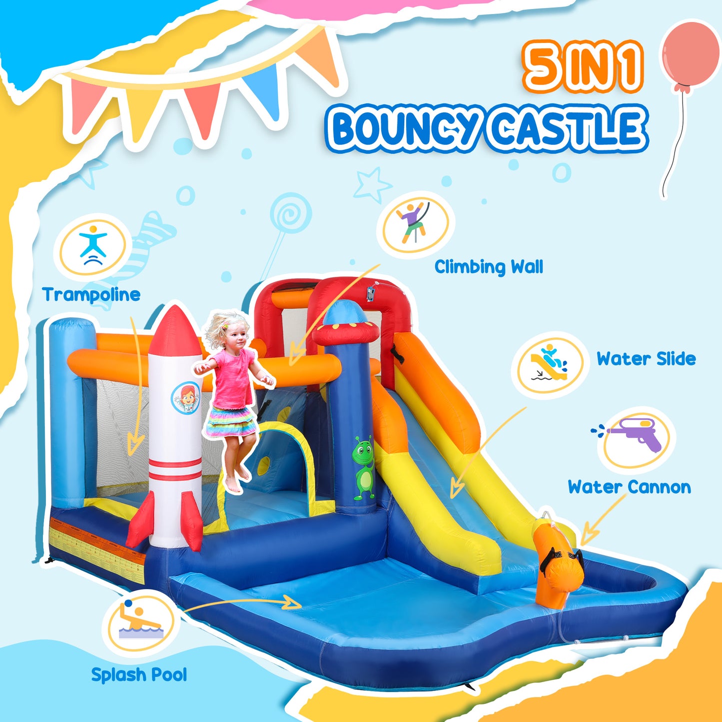 5 in 1 Bouncy Castle for Children with 550W Blower, Water Slide, Splash Pool, Jumping Area.