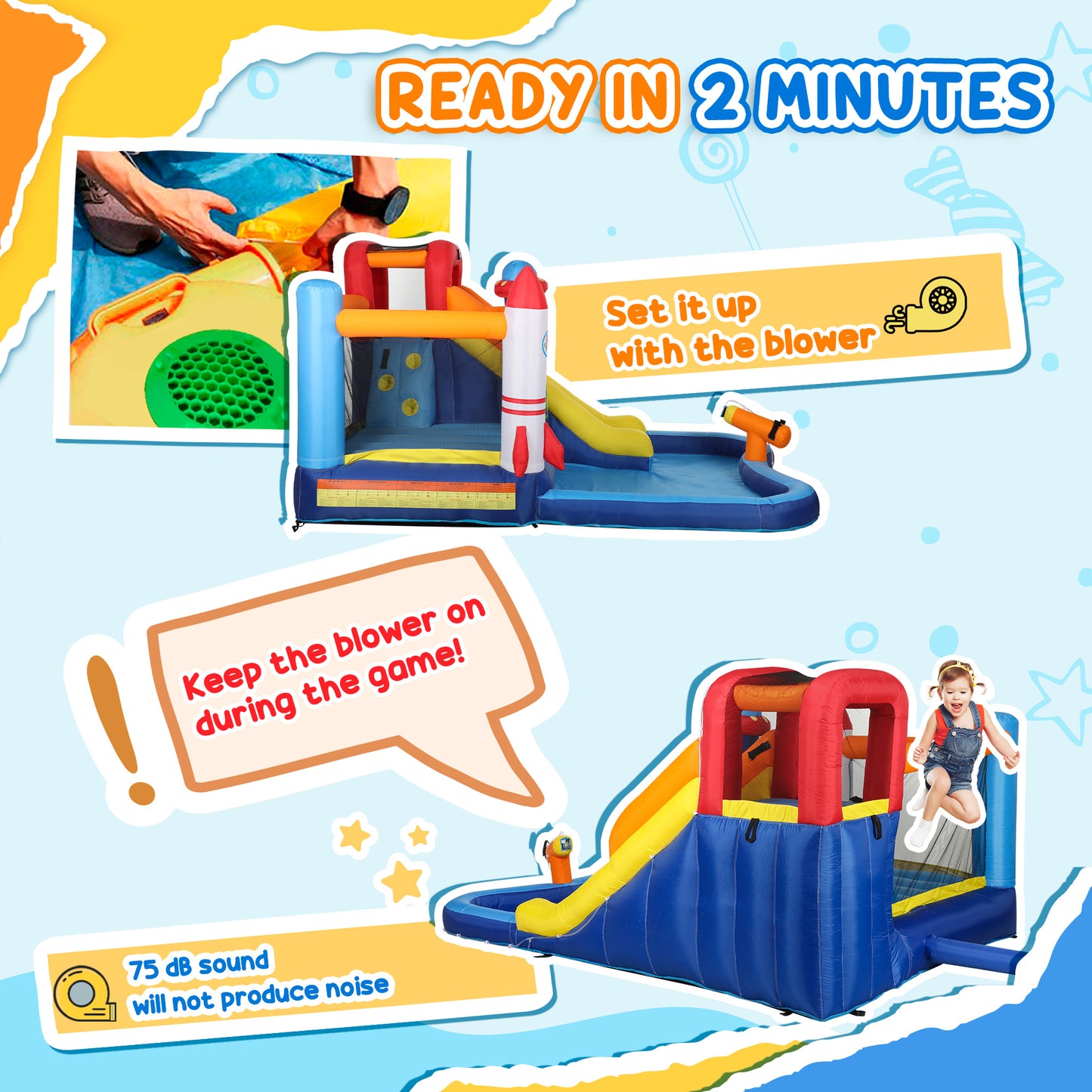 5 in 1 Bouncy Castle for Children with 550W Blower, Water Slide, Splash Pool, Jumping Area.