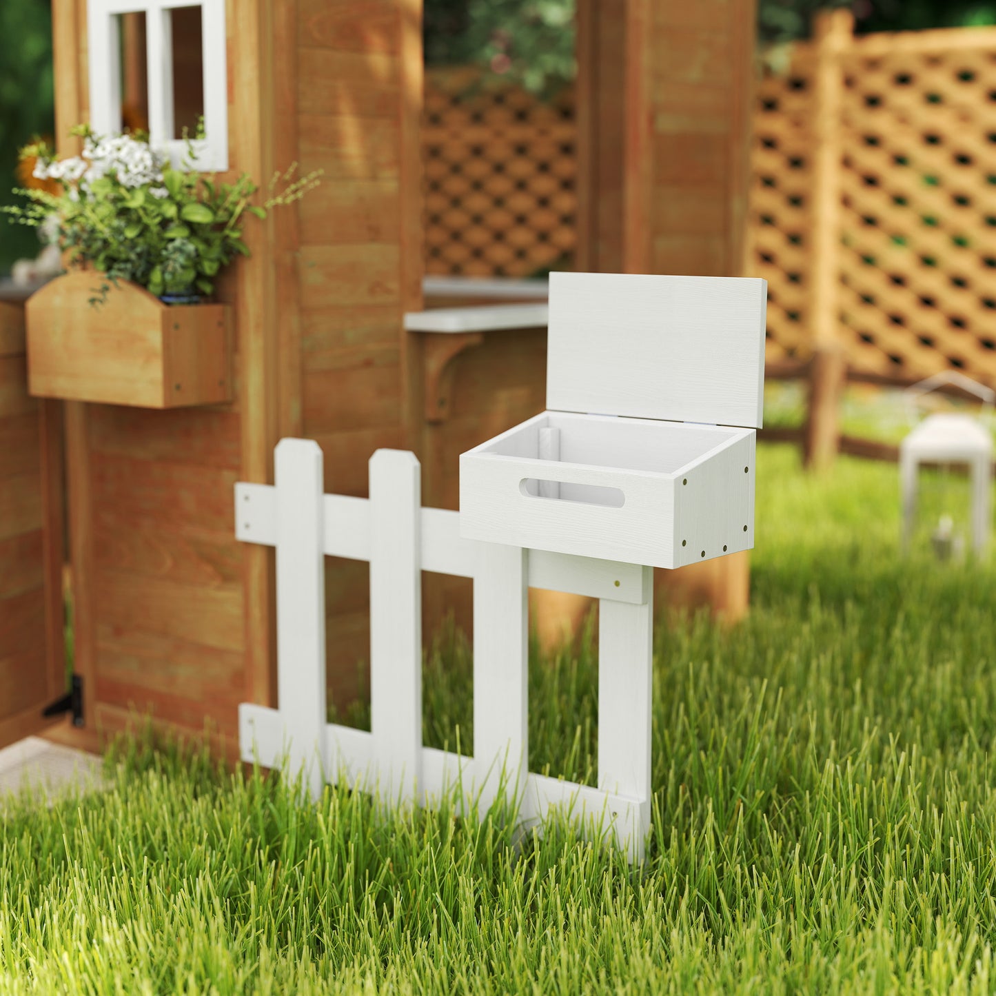 Wooden Playhouse for Kids with Door, Windows, Mailbox, Flower Pot Holder, Serving Station, Bench for Children