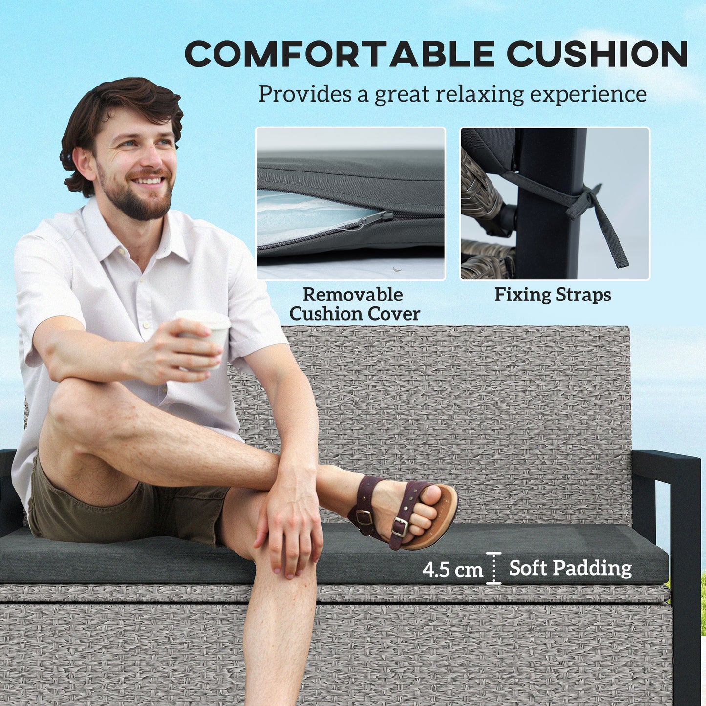 151.5L Storage Garden Bench, with Cushion - Grey