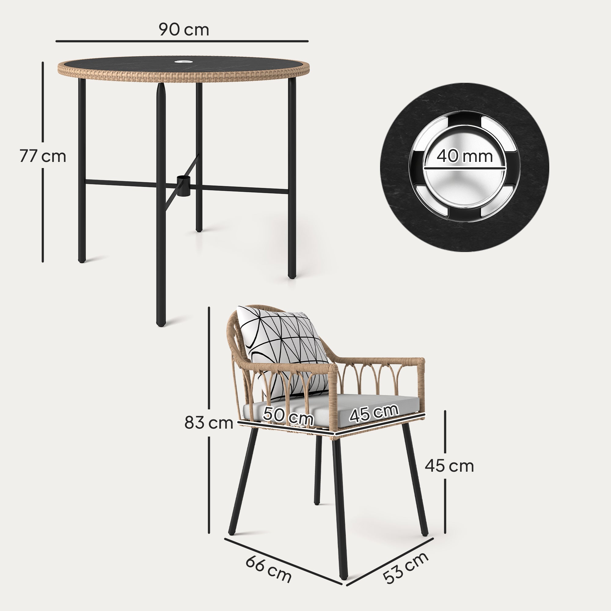 5 Piece Patio Rattan Dining Set, Wicker Garden Table and Chairs w/ Seat & Back Cushions, Round Tempered Glass Tabletop, Parasol Hole, Outdoor Furniture Conservatory Set, Light Brown