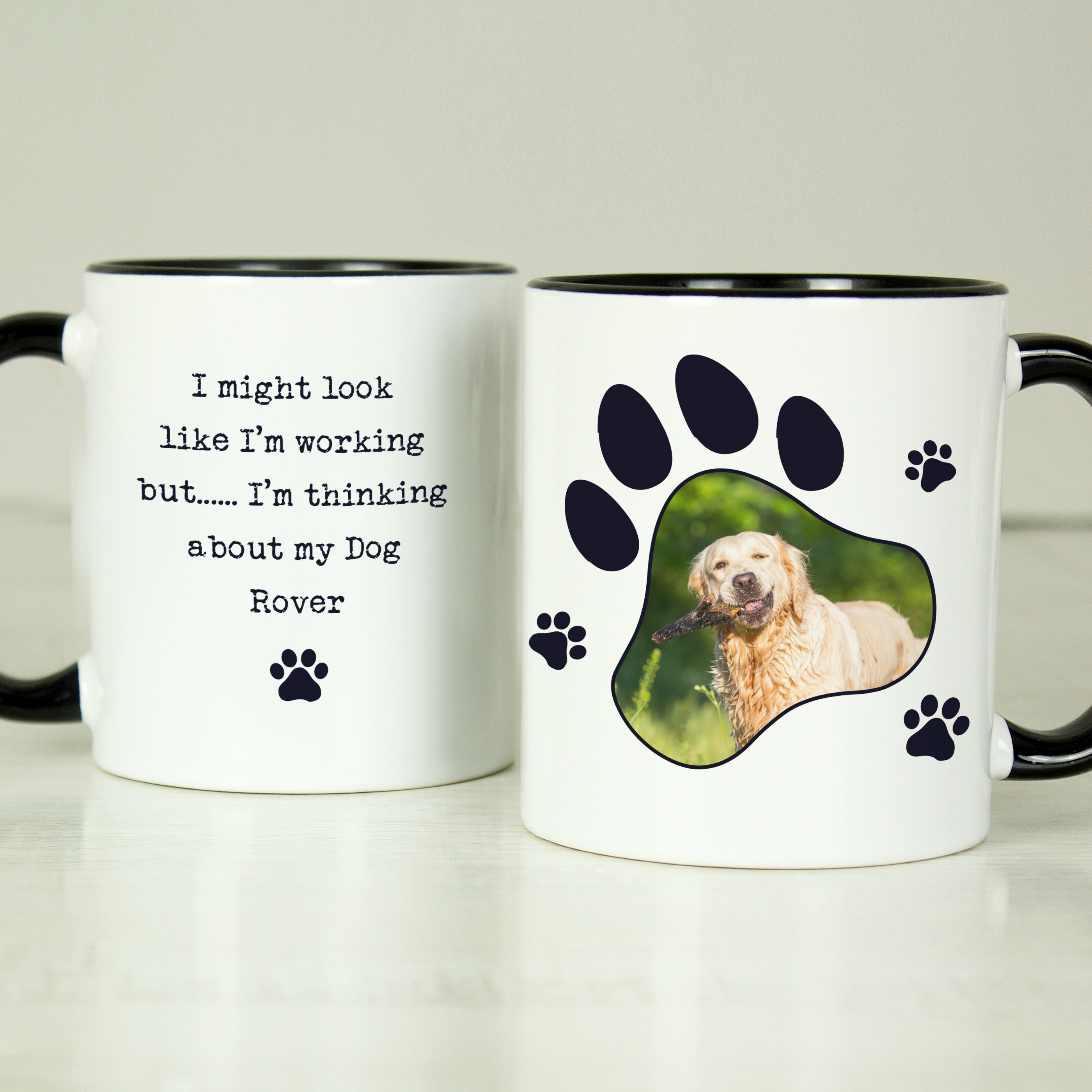 Personalised Paw Print Pet Photo Upload Black Handled Mug