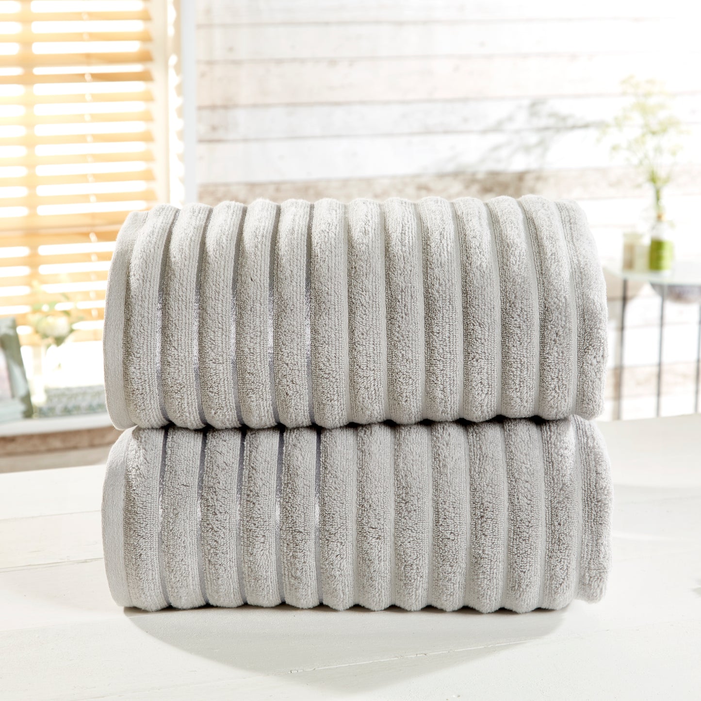 Ribbed 100% Cotton 2 Piece Bath Sheet Set - Silver
