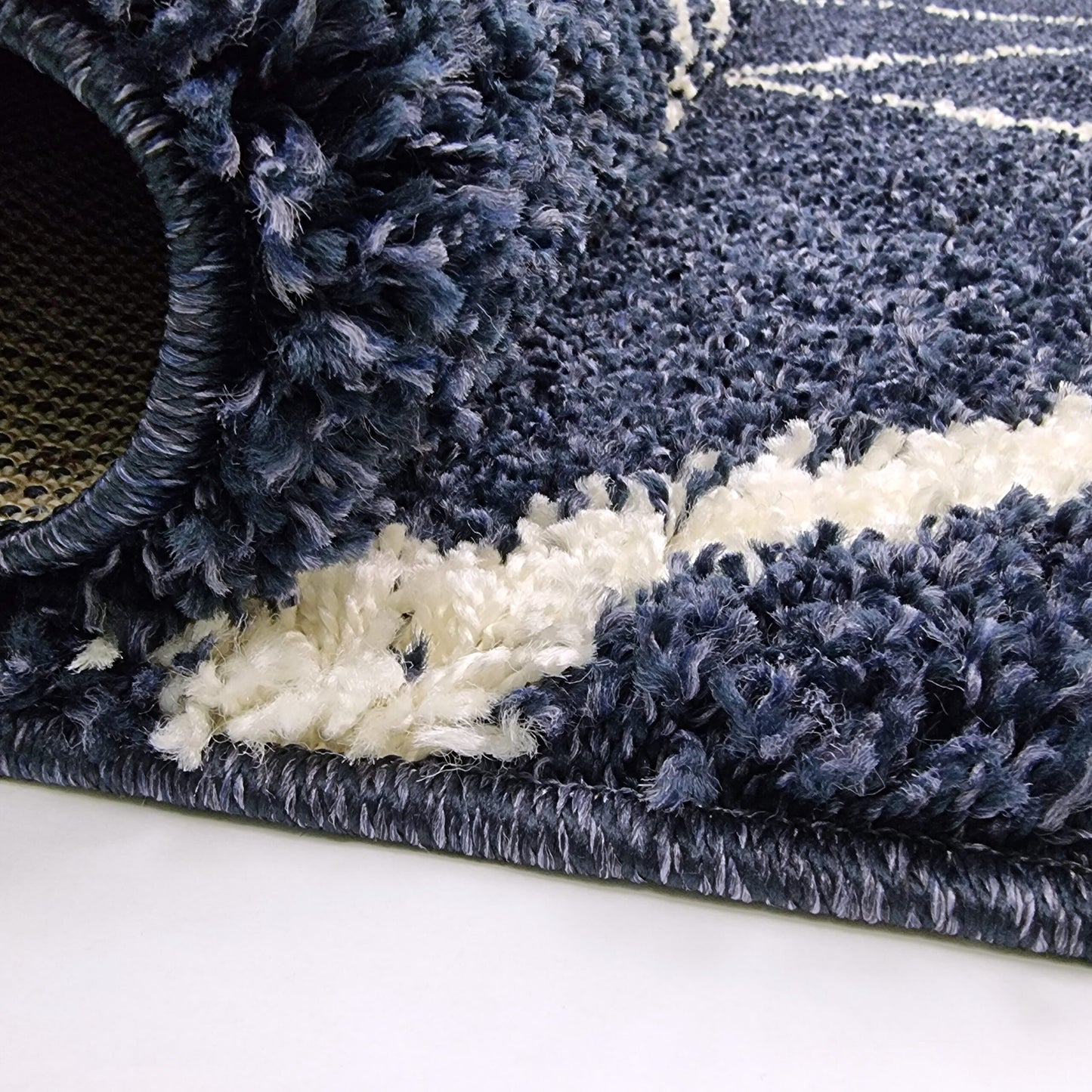 Diamond Geometric Navy Blue Fluffy Shaggy Rug