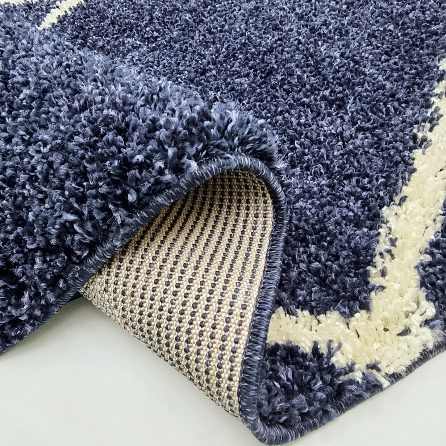 Diamond Geometric Navy Blue Fluffy Shaggy Rug