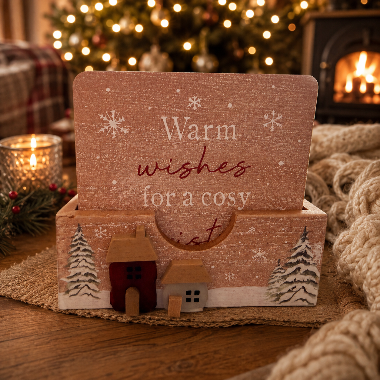 Warm Wishes Christmas Coaster Set with Wooden Holder | Set of 4 Festive Coasters | Rustic Christmas Table Décor