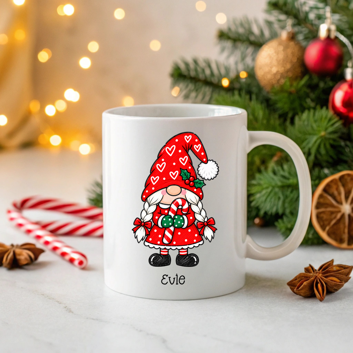 Personalised red girl Christmas Gonk mug with candy cane and custom name