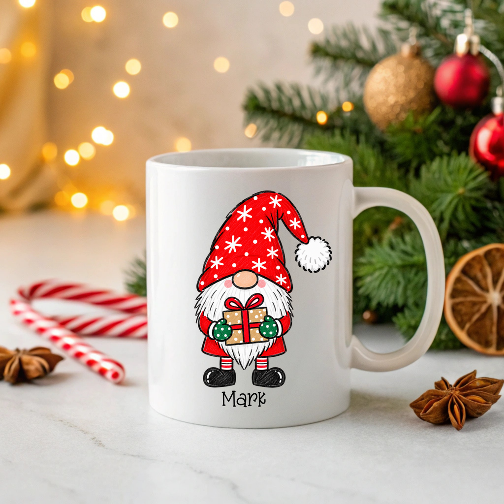 Personalised red adult male Christmas Gonk mug with Christmas present and custom name
