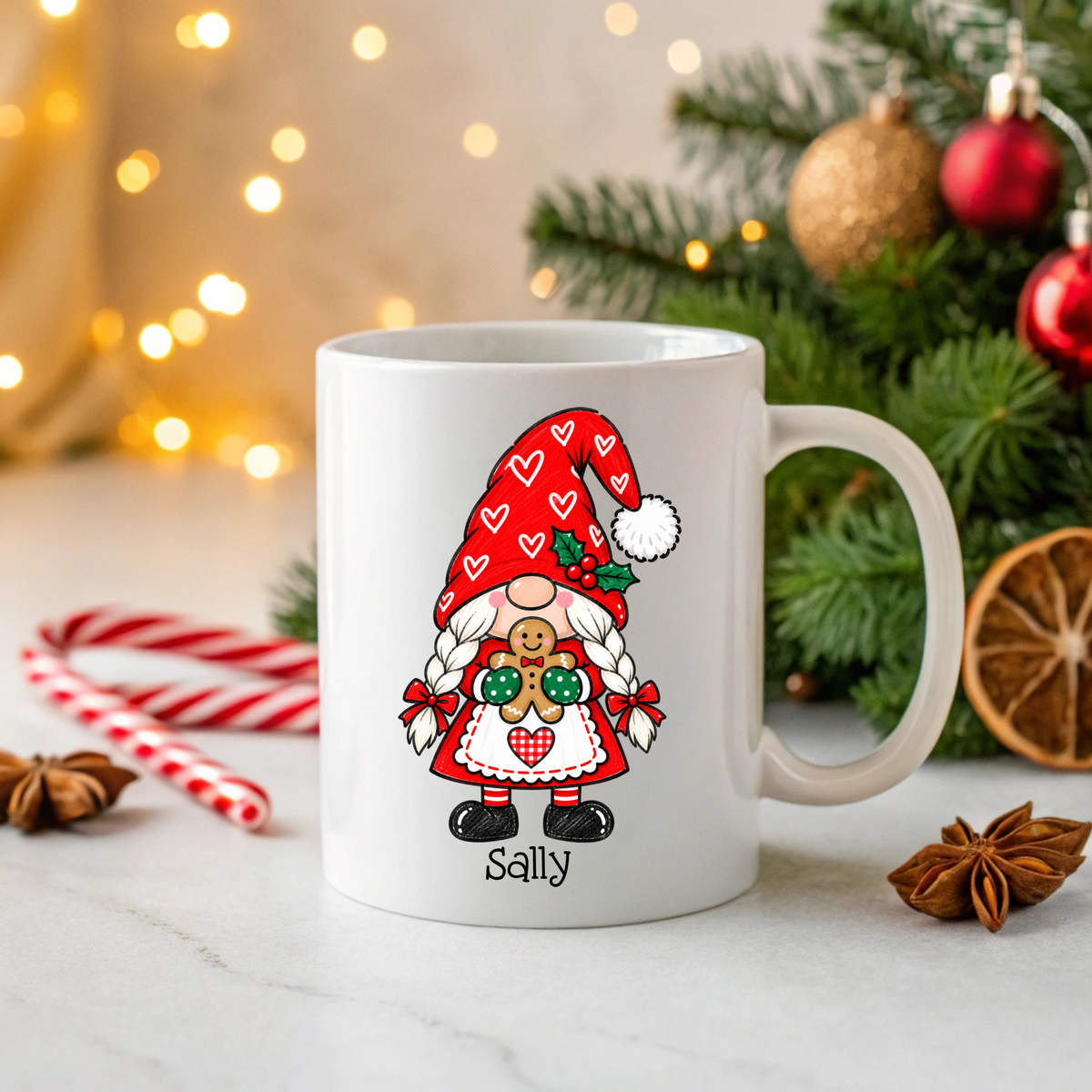 Personalised red adult female Christmas Gonk mug with gingerbread character and custom name
