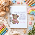 Personalised A5 sensory bear notebook featuring a comforting feelings poem, cute teddy bear wearing headphones and child's name. Available in pink, yellow or blue.