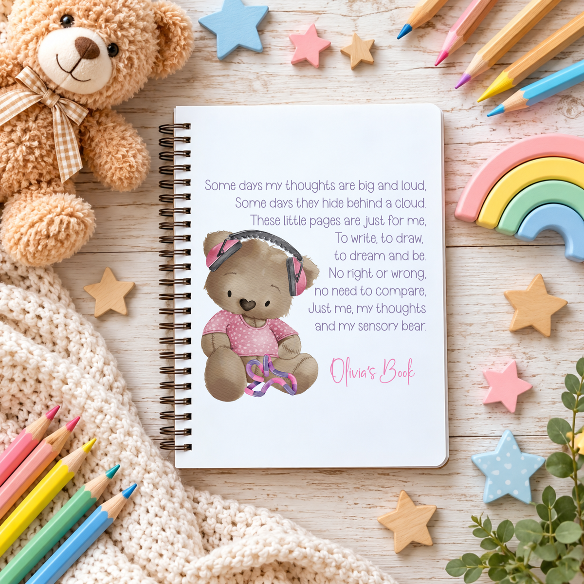 Personalised A5 sensory bear notebook featuring a comforting feelings poem, cute teddy bear wearing headphones and child's name. Available in pink, yellow or blue.