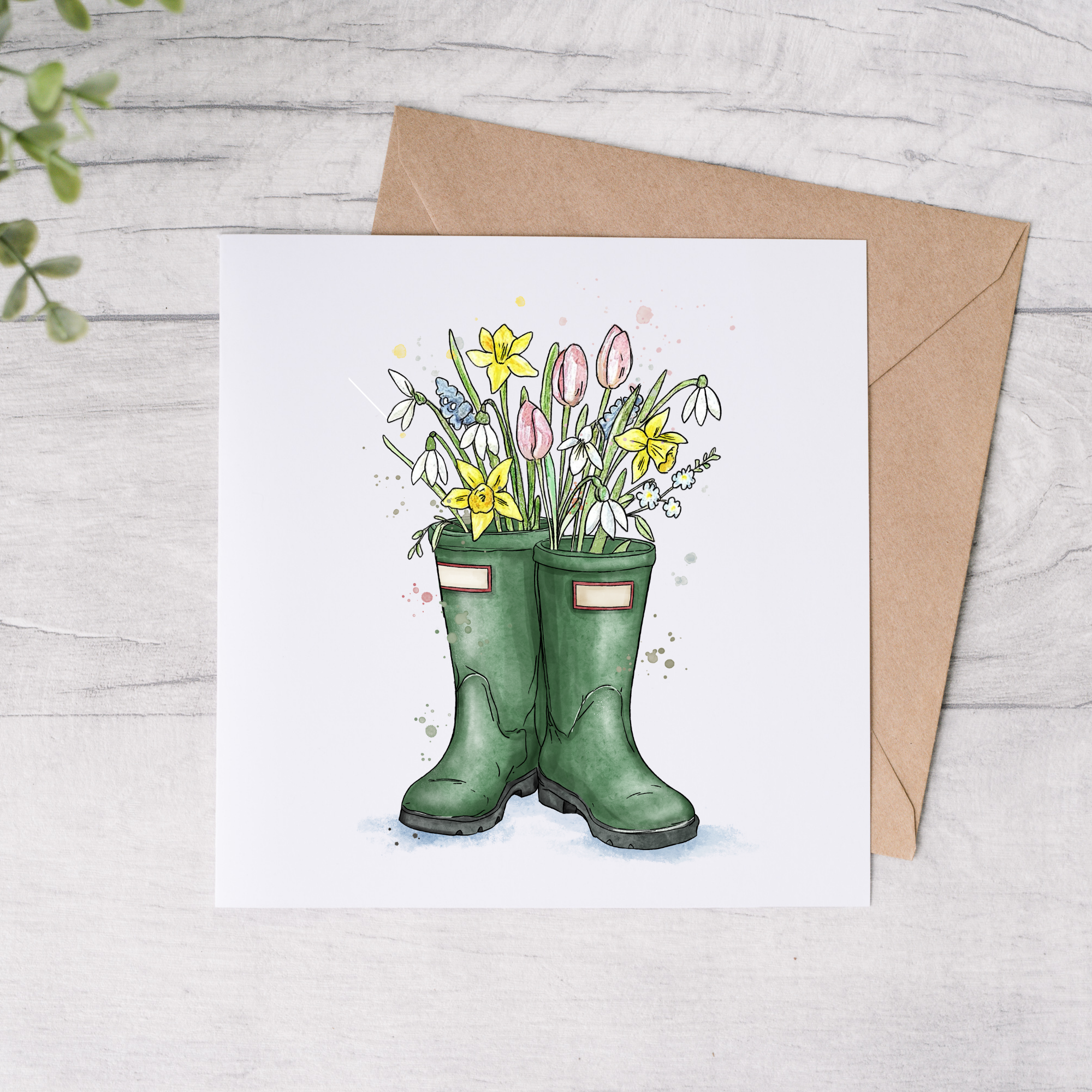Floral Wellington Boots Blank Greeting Card - FREE Postage