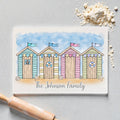 Personalised Family Beach Huts Glass Chopping Board / Worktop Saver