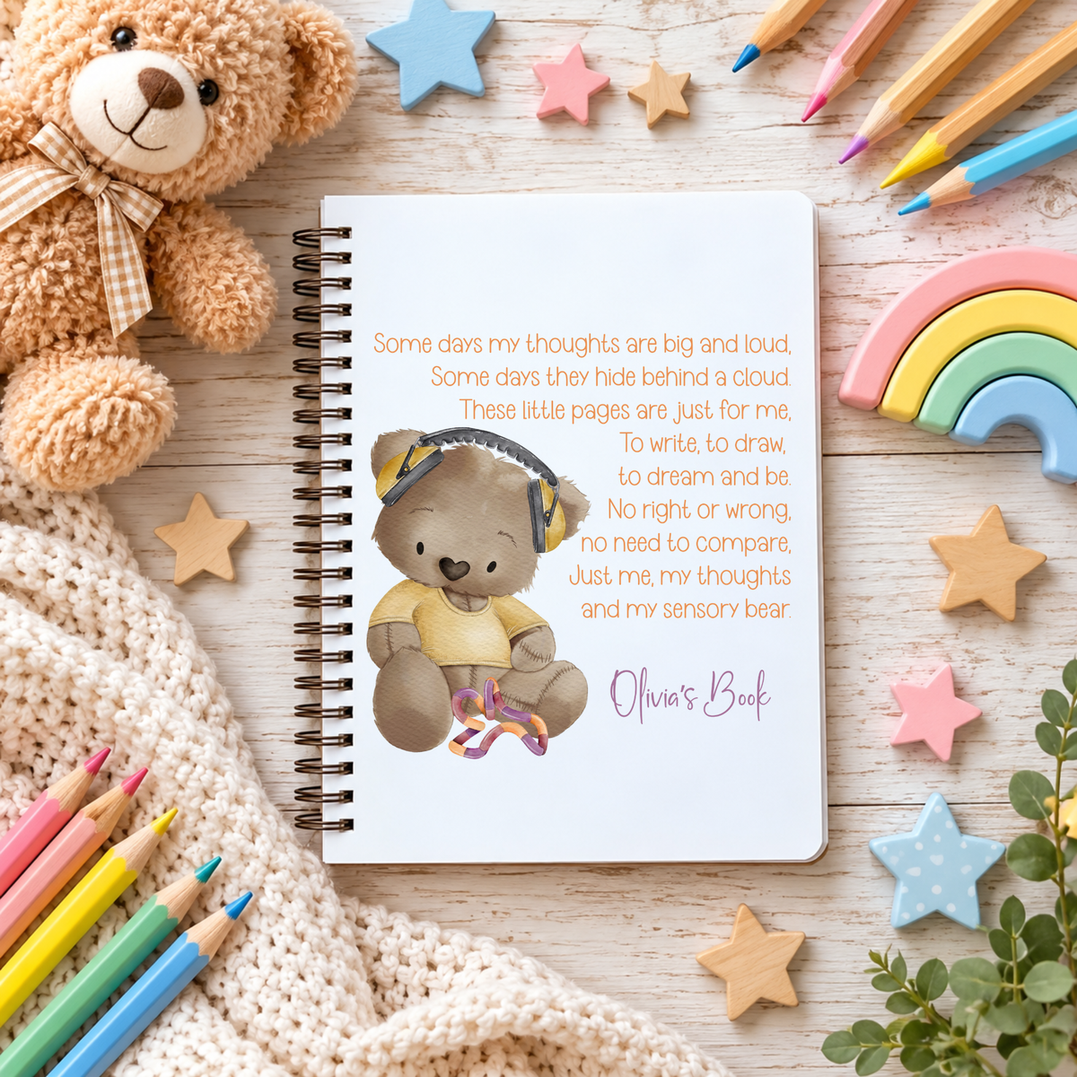 Personalised Sensory Bear A5 Notebook – Children's Feelings & Thoughts Journal - 3 Colour Options