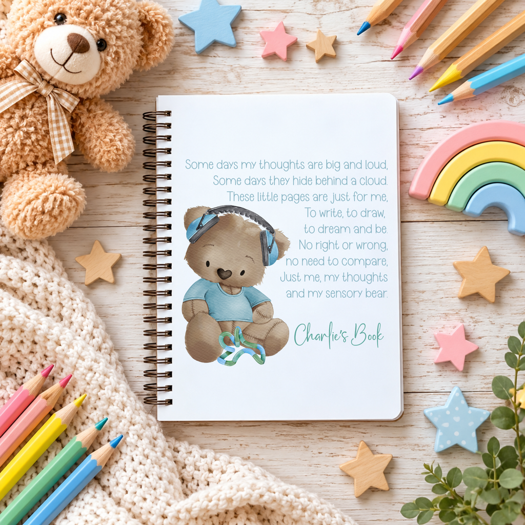 Personalised Sensory Bear A5 Notebook – Children's Feelings & Thoughts Journal - 3 Colour Options