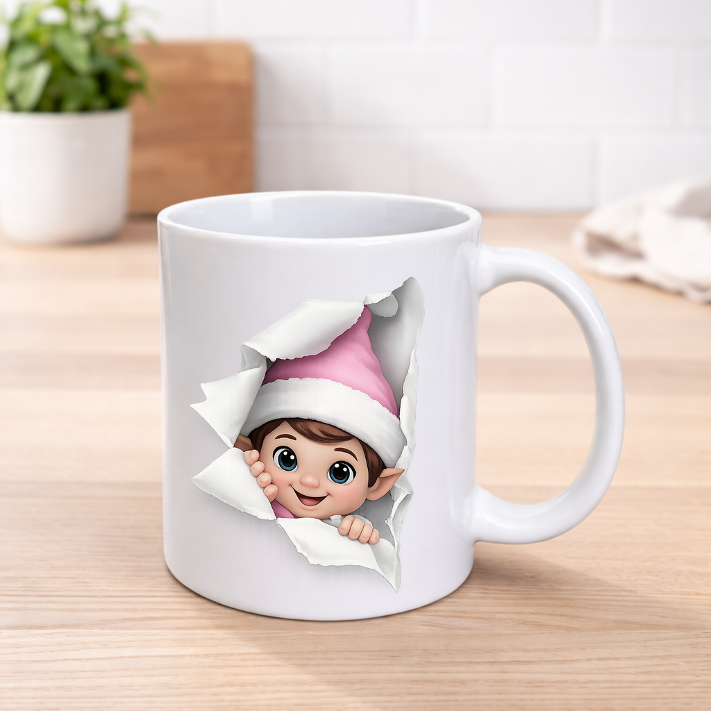 Christmas Elf Mug – Pink, Blue or Red Elf | 11oz Ceramic Festive Mug
