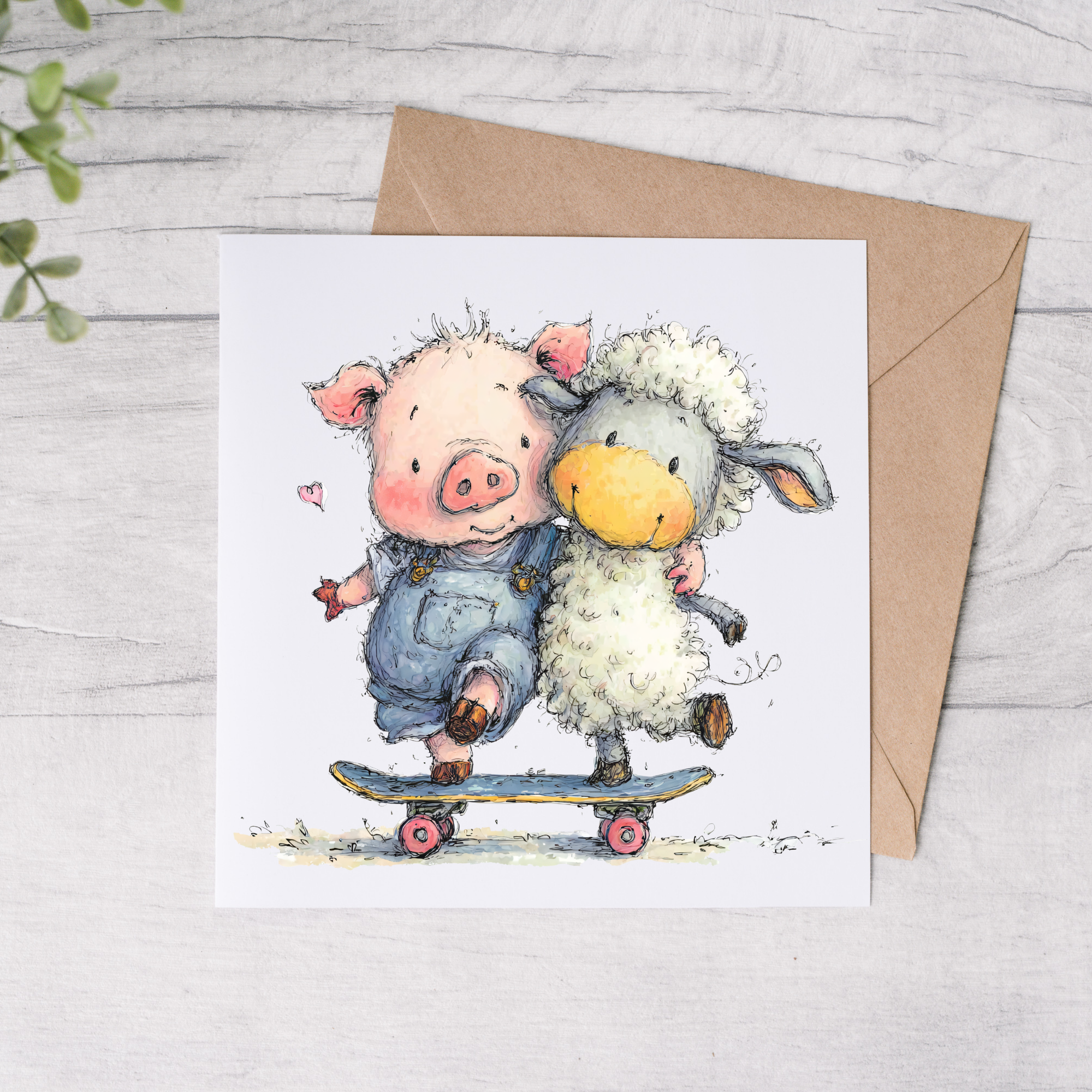 Skateboard Animal Friends Card - Blank - FREE Postage