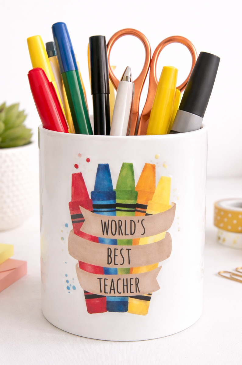Pencil holder with colourful stationery items and 'World's Best Teacher' text on a white background