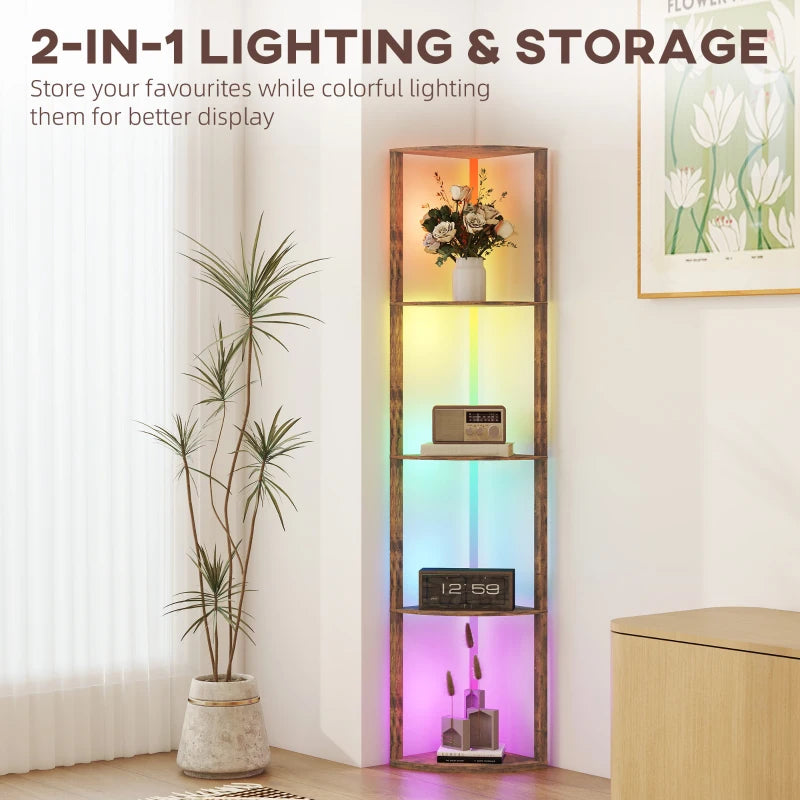 RGB Standing Lamp with Shelves, 4-Tier LED Floor Lamp with Multiple Lighting Modes, Rustic Brown