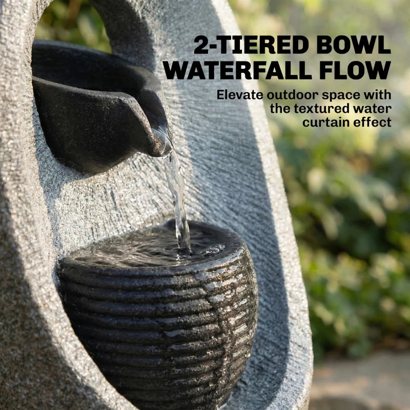 SMALL Water Feature with 2-Tier Bowls, Garden Water Fountain with Pump and LED Lights, Resin Cascading Waterfall