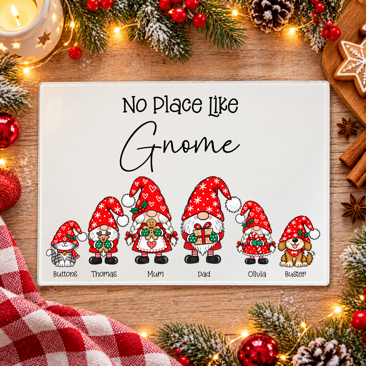 Personalised Glass Chopping Board Gnome Family
