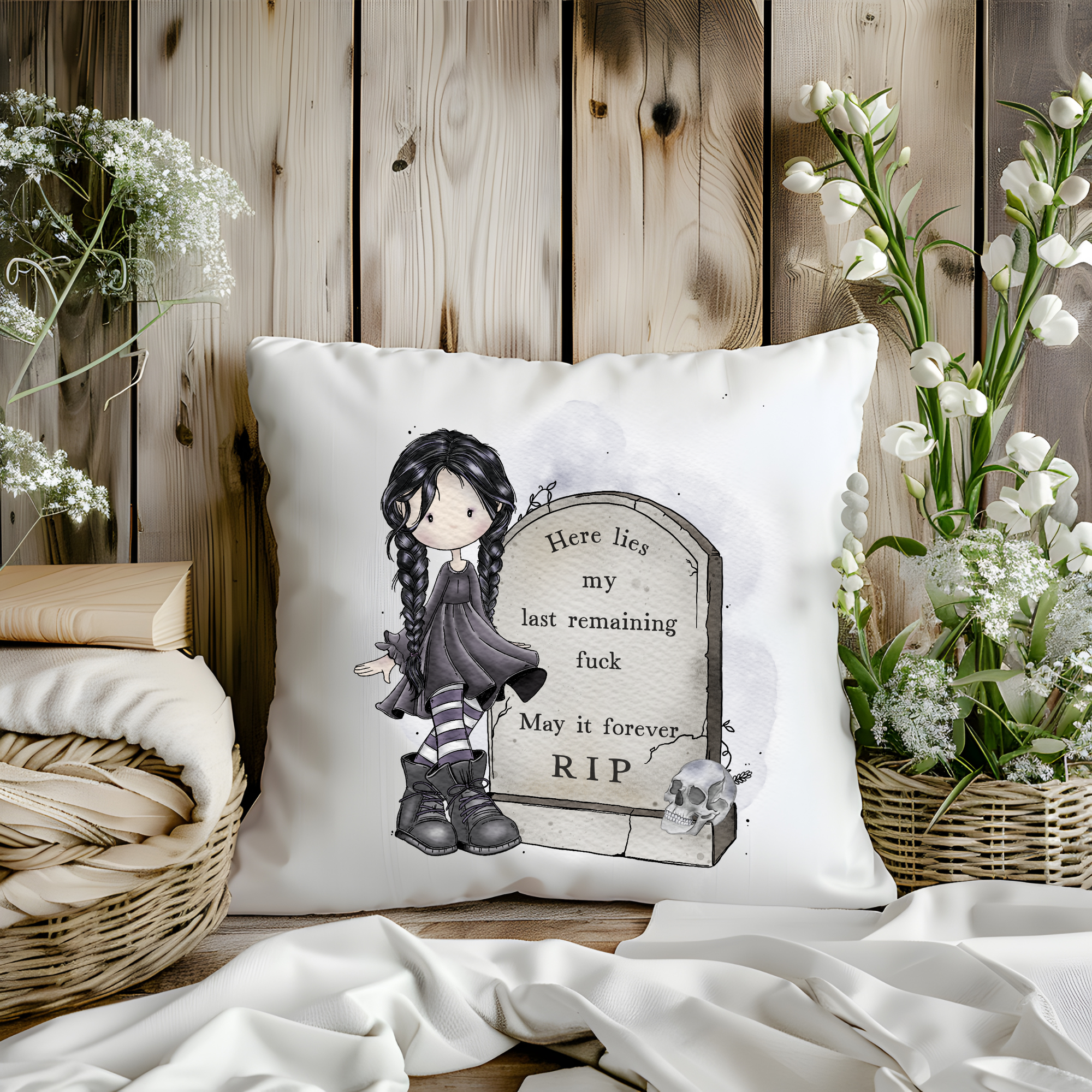 🖤 “Here Lies My Last Remaining Fk” Cushion – 40x40cm Velvety Soft Goth Sass**