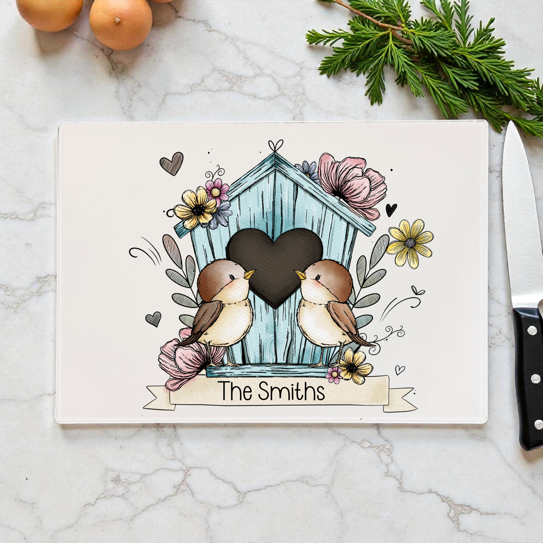 Personalised Glass Chopping Board / Worktop Saver – Birdhouse Design – 20cm x 28cm
