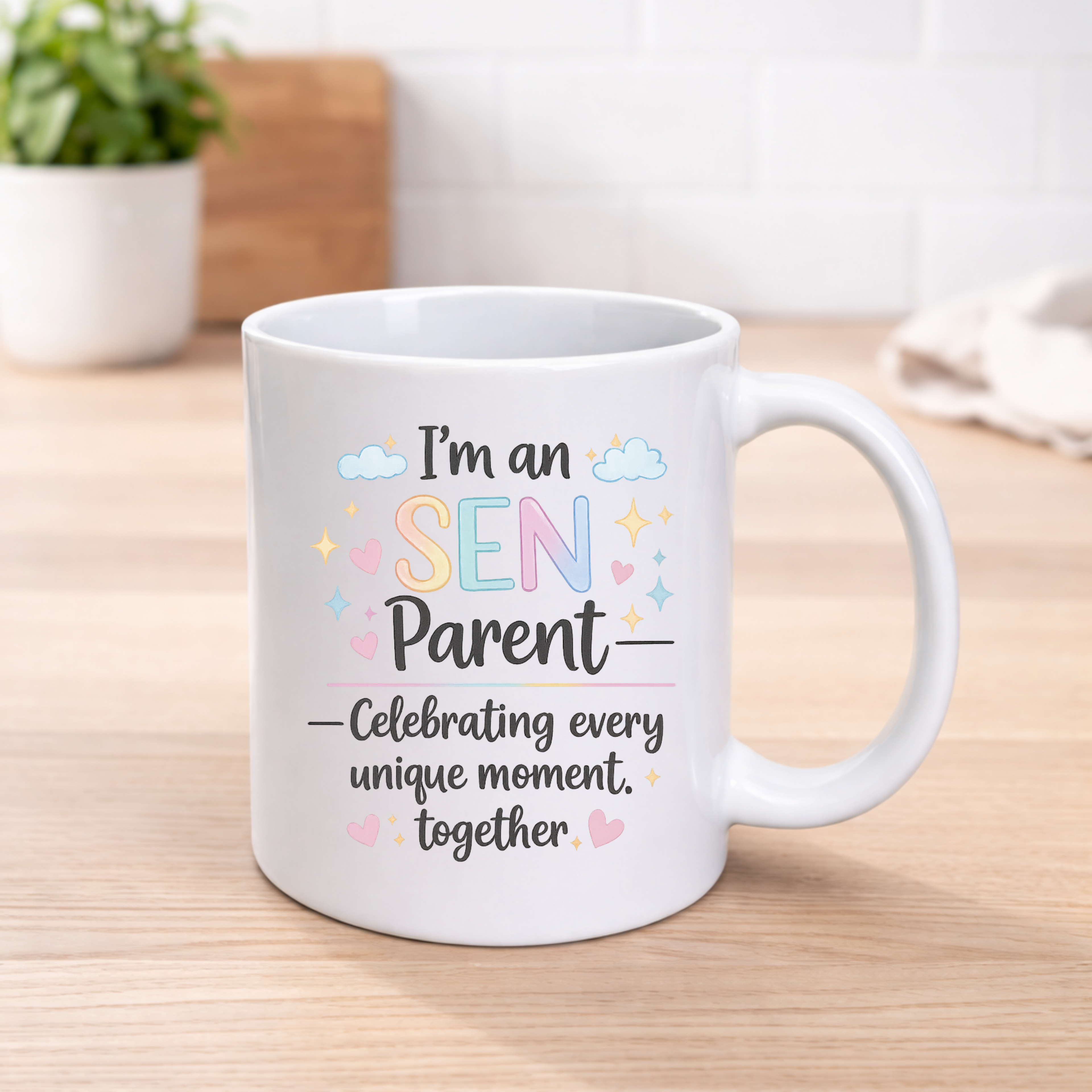 SEN Parent Mug – Special Educational Needs Parent Gift – “I’m an SEN Parent Celebrating Every Unique Moment” – 11oz Ceramic Coffee Mug – Autism Awareness Gift