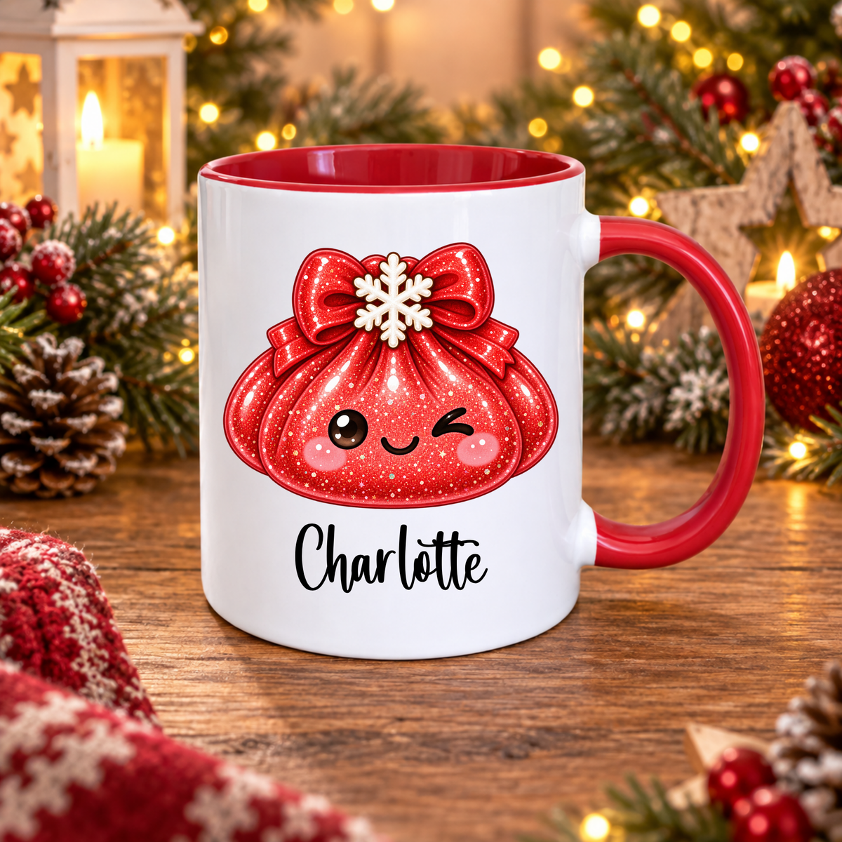 Personalised Christmas Dumpling name mug, red handle and red inner – 11oz ceramic Christmas gift mug