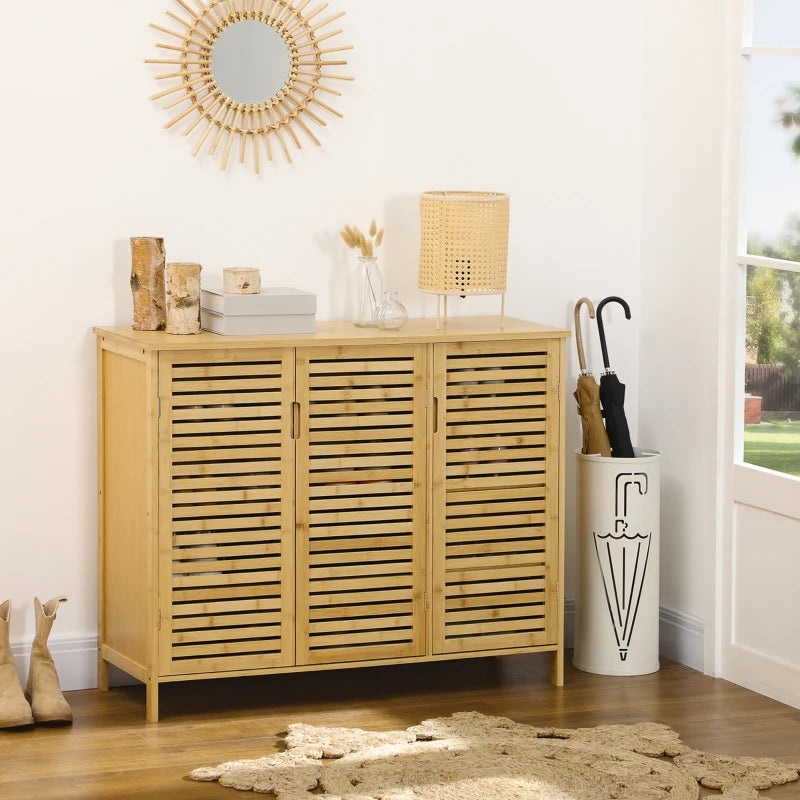 Rustic Shoe Cabinet, 3 Door Shoe Storage Cabinet with 8 Shelves, Natural Wood Finish