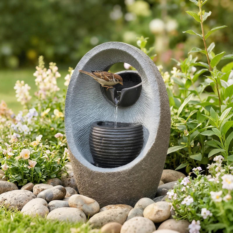 SMALL Water Feature with 2-Tier Bowls, Garden Water Fountain with Pump and LED Lights, Resin Cascading Waterfall