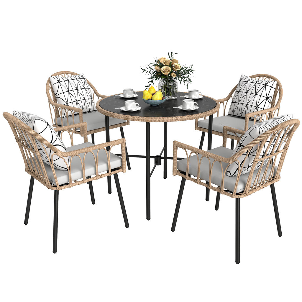 5 Piece Patio Rattan Dining Set, Wicker Garden Table and Chairs w/ Seat & Back Cushions, Round Tempered Glass Tabletop, Parasol Hole, Outdoor Furniture Conservatory Set, Light Brown