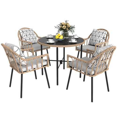 5 Piece Patio Rattan Dining Set, Wicker Garden Table and Chairs w/ Seat & Back Cushions, Round Tempered Glass Tabletop, Parasol Hole, Outdoor Furniture Conservatory Set, Light Brown