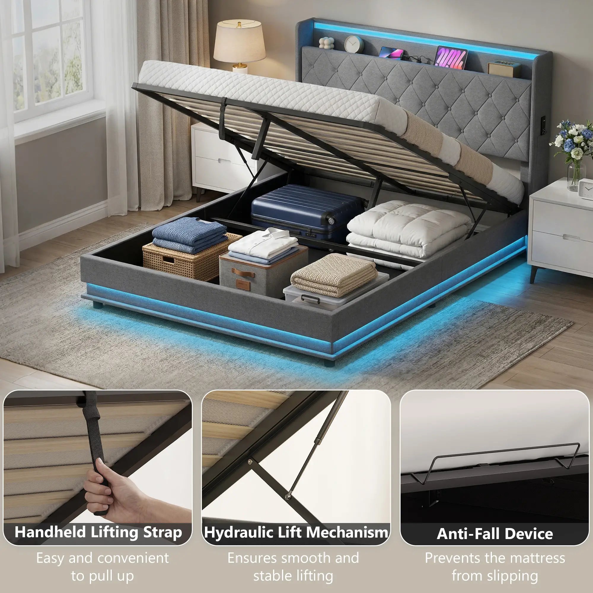 5ft King Bed Frame with Headboard, Platform Bed Frame with Hydraulic Storage, LED Lights and Charging Station, Grey