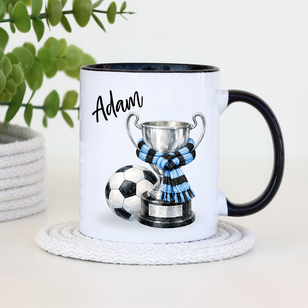 ⚽ Personalised Football Trophy Mug Black Striped – Custom Name Fan Mug (11oz)